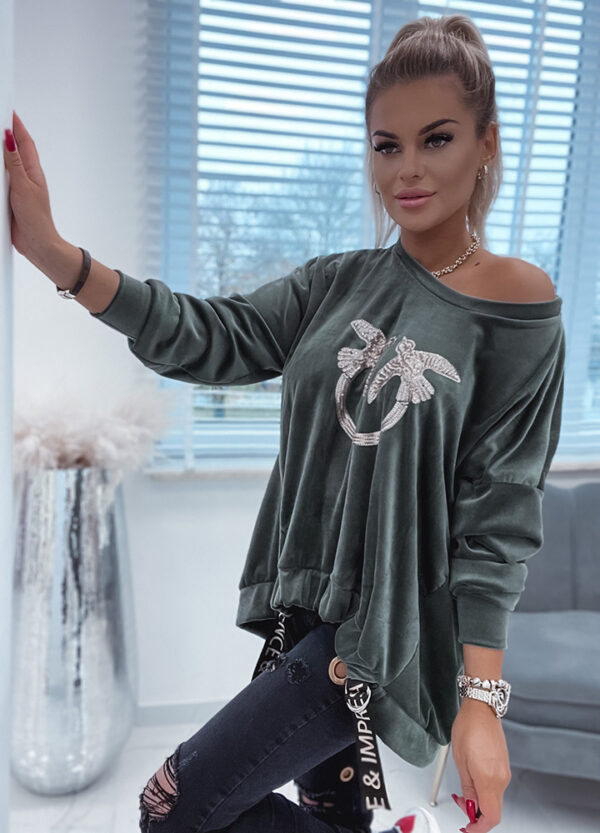 ASYMETRYCZNA WELUROWA BLUZA KHAKI-505633