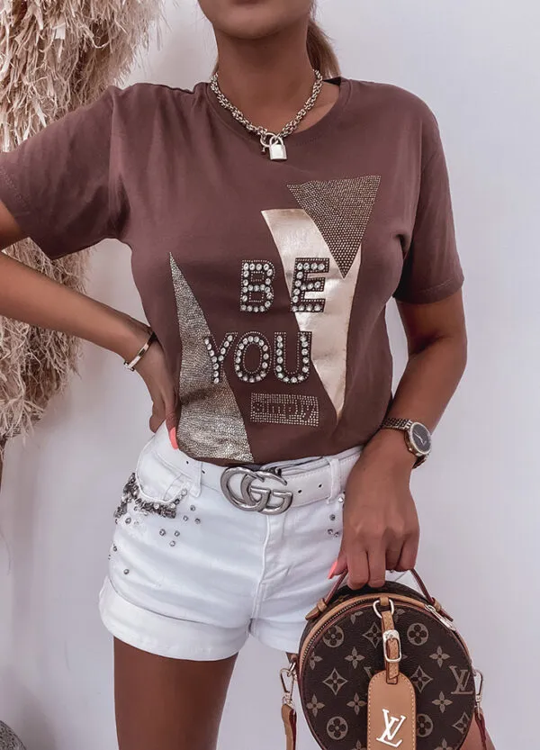 T-SHIRT Z CEKINAMI BROWN-0