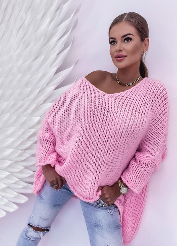 OVERSIZOWY SWETER GRUBO PLECIONY PINK-0