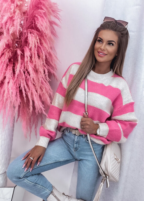 SWETER Z WEŁNĄ W PASY PINK-0