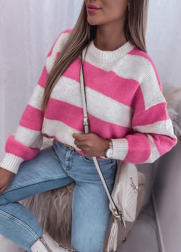 SWETER Z WEŁNĄ W PASY PINK-584880