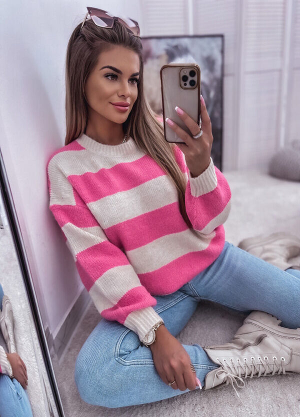 SWETER Z WEŁNĄ W PASY PINK-584874