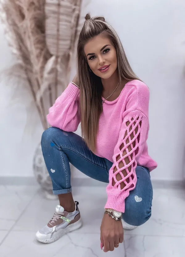 SWETER Z OZDOBNYM RĘKAWEM PINK-0