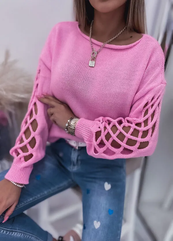 SWETER Z OZDOBNYM RĘKAWEM PINK-592531