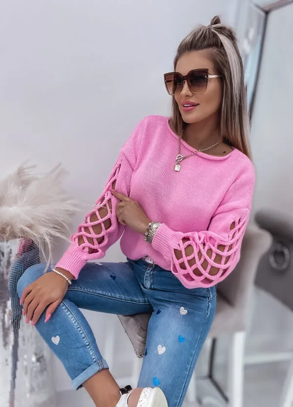 SWETER Z OZDOBNYM RĘKAWEM PINK-592527