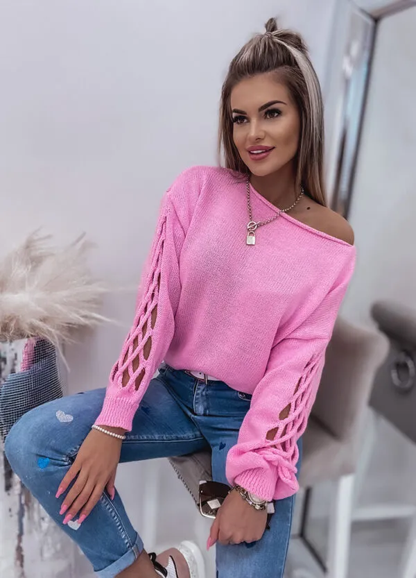 SWETER Z OZDOBNYM RĘKAWEM PINK-592534