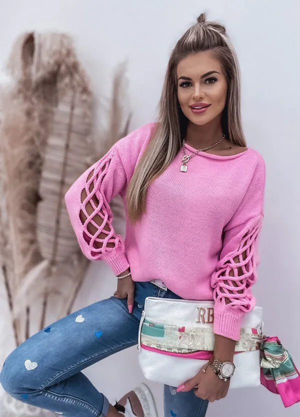 SWETER Z OZDOBNYM RĘKAWEM PINK-592535