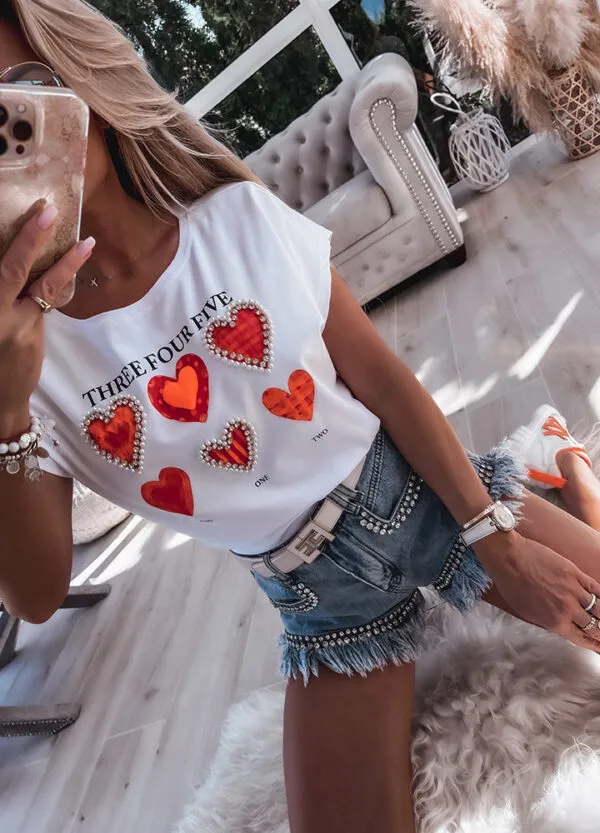 T-SHIRT Z APLIKACJĄ PEARLS HEART-607342