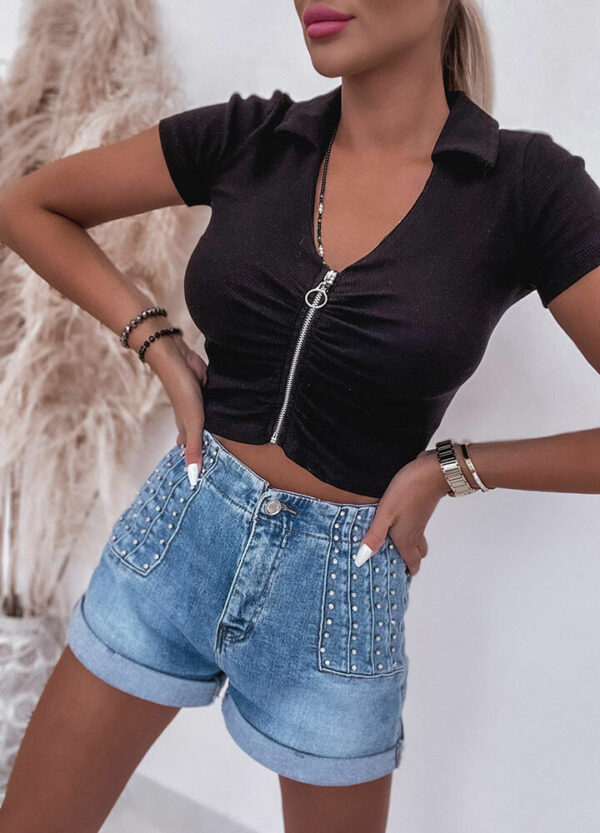 PRĄŻKOWANA BLUZKA CROP TOP Z ZAMKIEM-621843