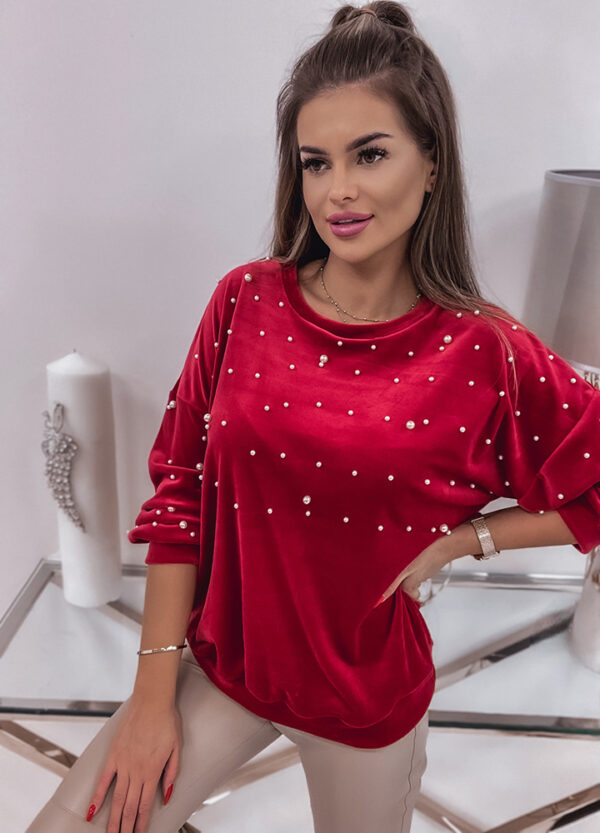 WELUROWA BLUZA Z PERŁAMI RED-648908