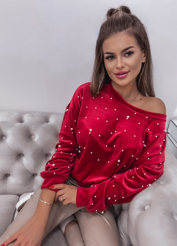 WELUROWA BLUZA Z PERŁAMI RED-648910