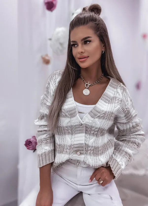 SWETER ZAPINANY NA GUZIKI W PASKI BEIGE-0