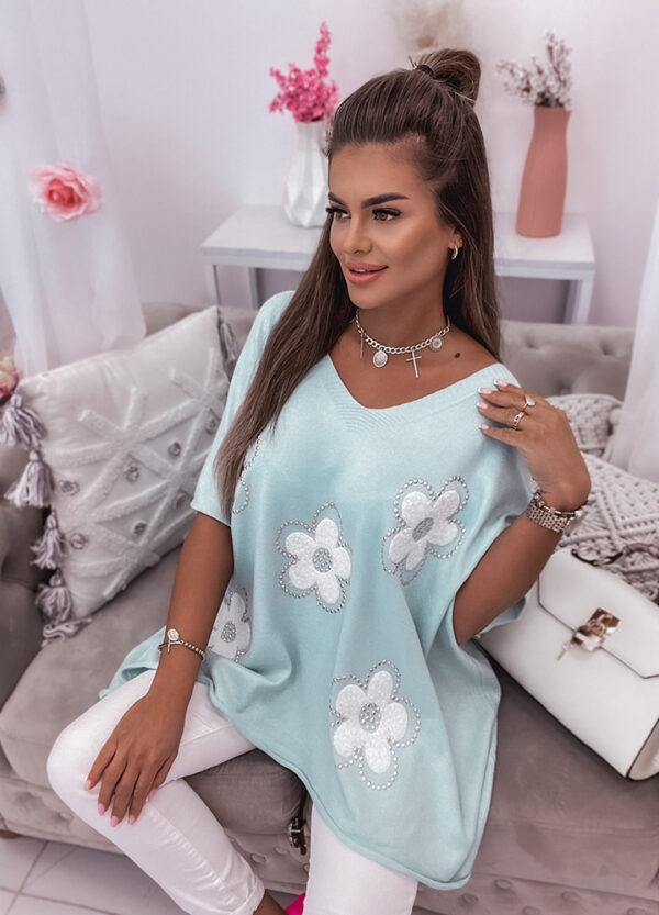 OVERSIZOWY SWETER FLOWERS MINT-663728