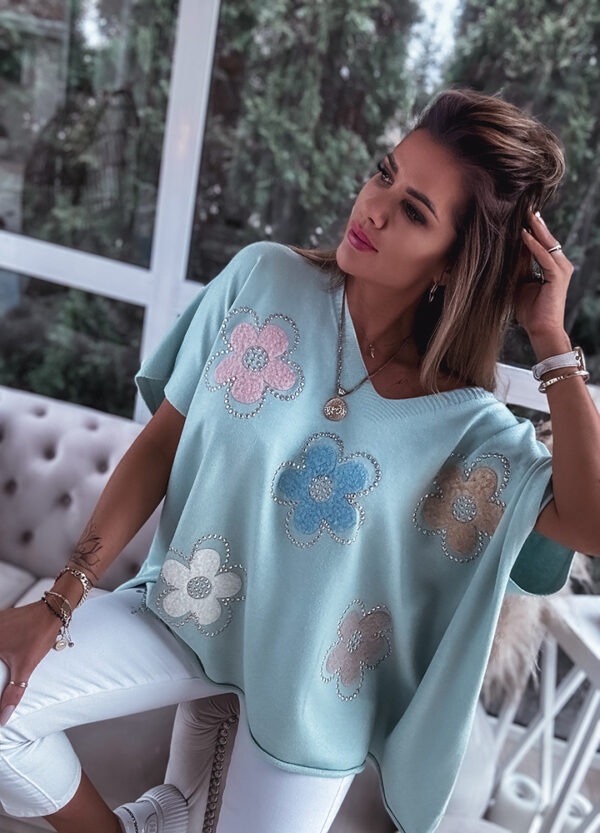 OVERSIZOWY SWETER W KWIATY MINT-661158