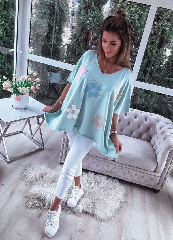 OVERSIZOWY SWETER W KWIATY MINT-661157