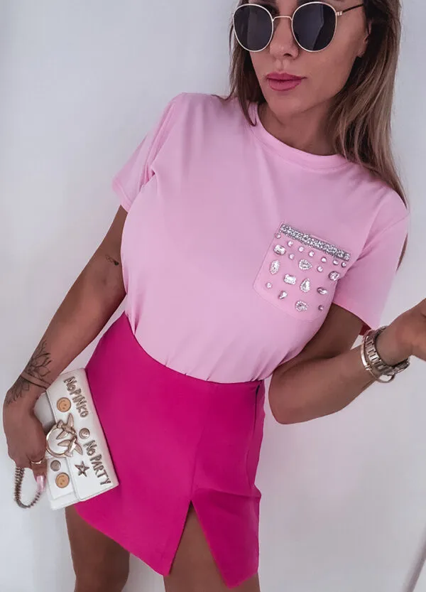 T-SHIRT Z CEKINAMI POCKET PINK - Зображення 3