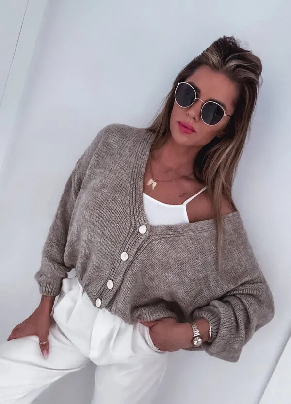 SWETER ZAPINANY NA GUZIKI RELAE BEIGE - Зображення 4