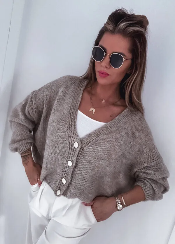 SWETER ZAPINANY NA GUZIKI RELAE BEIGE - Зображення 5