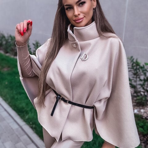 ELEGANCKIE BEŻOWE PONCZO Z PASKIEM
