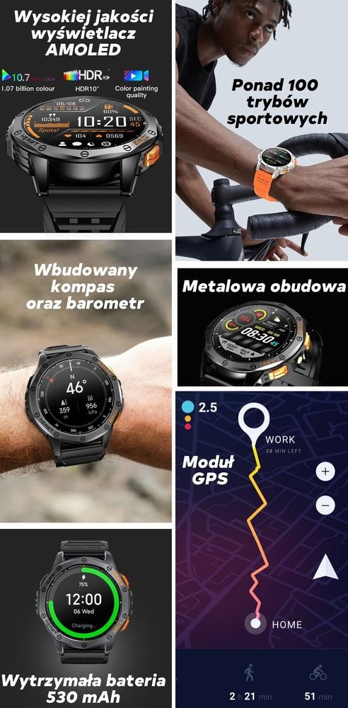 Smartwatch Męski GRAVITY GPS GT24-1 Czarny Pasek Silikonowy + Granatowy Pasek Silikonowy - obrazek 15