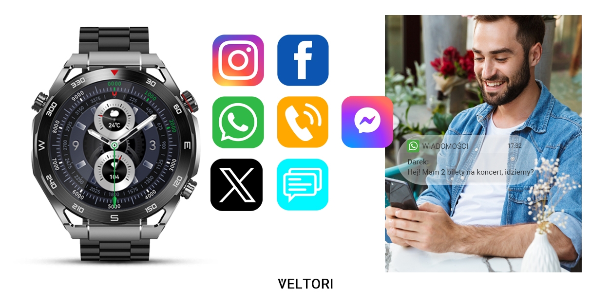 Smartwatch VELTORI VT100-1 + Czarny Pasek Silikonowy + Czarny Eko Skóra - Зображення 19