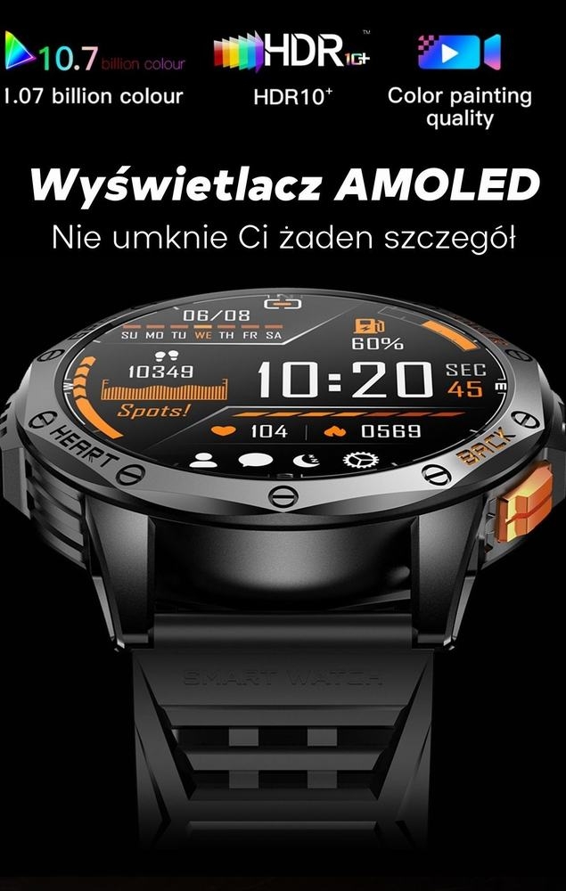 Smartwatch Męski GRAVITY GPS GT24-3 Czarny Pasek Silikonowy + Pomarańczowy Pasek Silikonowy - Зображення 16