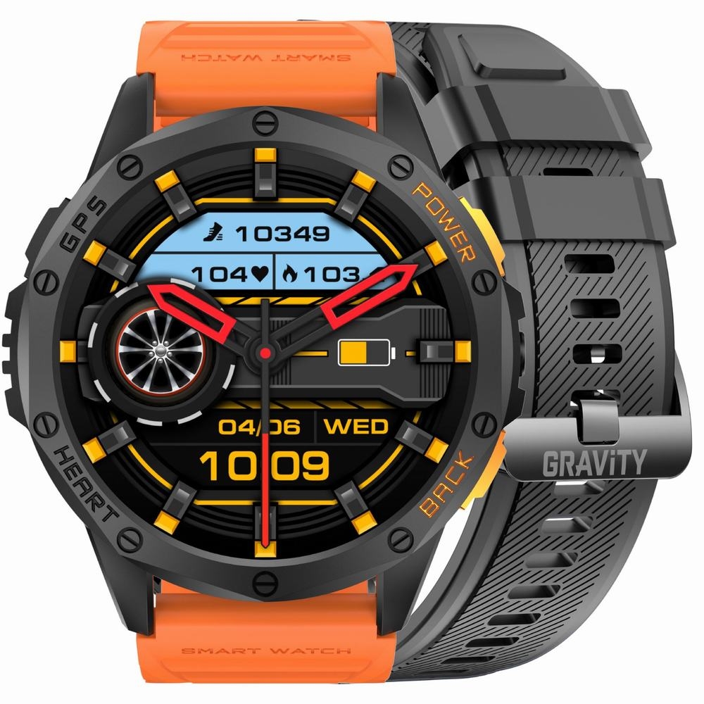 Smartwatch Męski GRAVITY GPS GT24-3 Czarny Pasek Silikonowy + Pomarańczowy Pasek Silikonowy