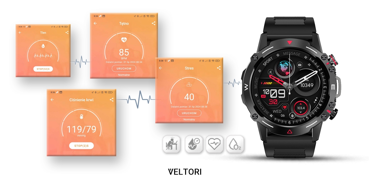 Smartwatch VELTORI VT110-1 Czarny Pasek Silikonowy - Зображення 8
