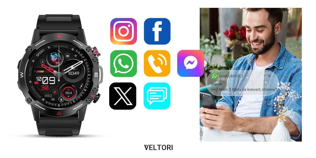 Smartwatch VELTORI VT110-1 Czarny Pasek Silikonowy - Зображення 11