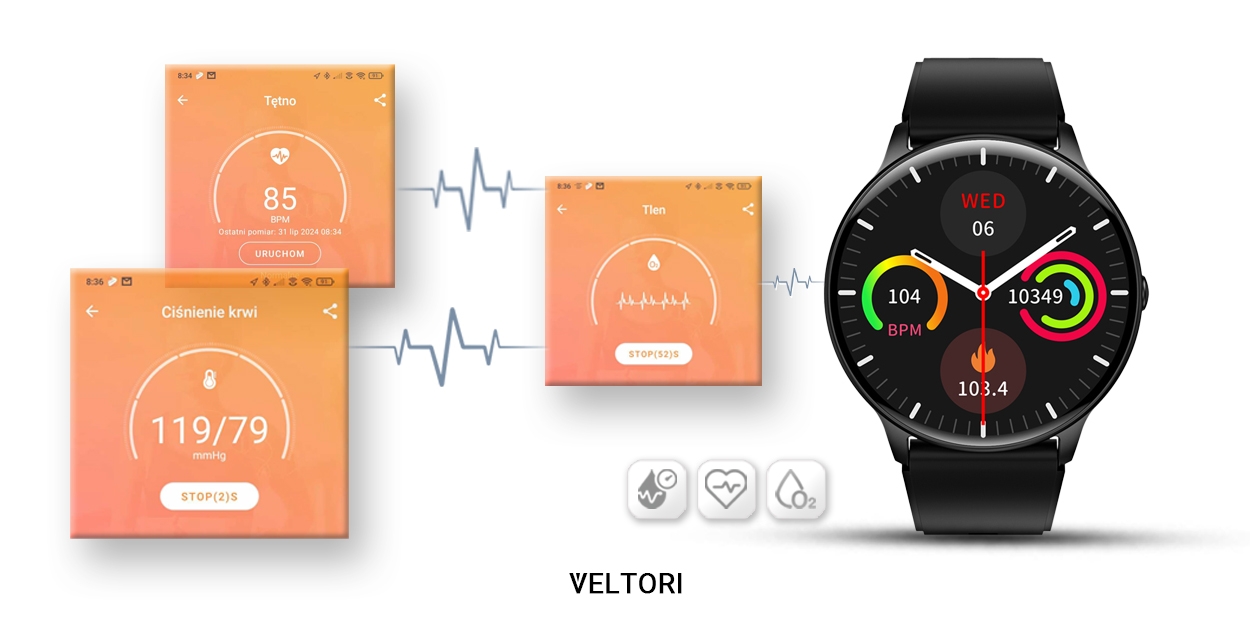 Smartwatch VELTORI VT160-1 Czarny Pasek Silikonowy - Зображення 10