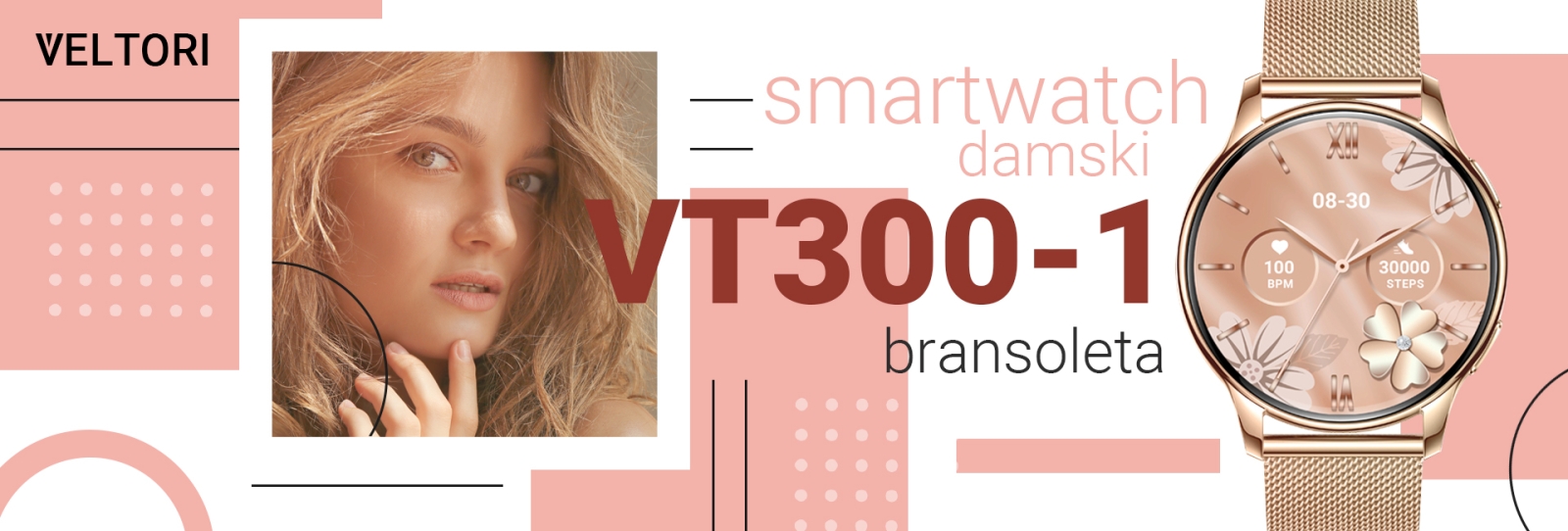 Smartwatch Damski VELTORI VT300-1 Złota Bransoleta - Зображення 13