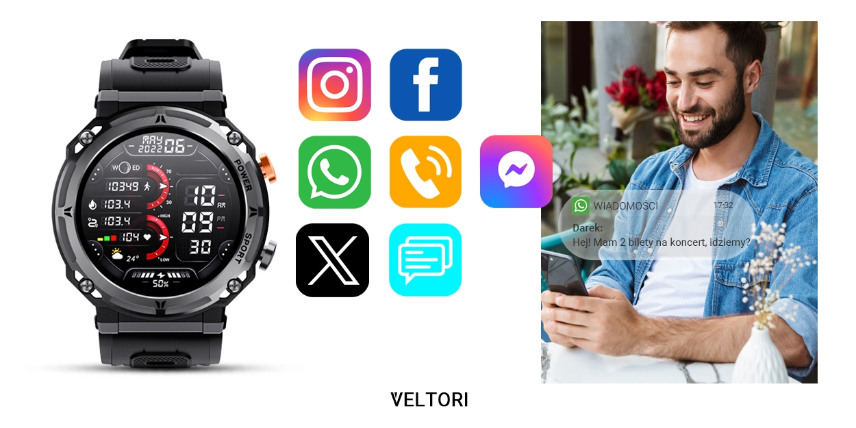 Smartwatch VELTORI VT130-1 Czarny Pasek Silikonowy - obrazek 17