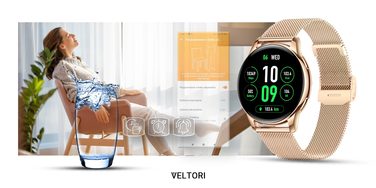 Smartwatch Damski VELTORI VT300-1 Złota Bransoleta - Зображення 17