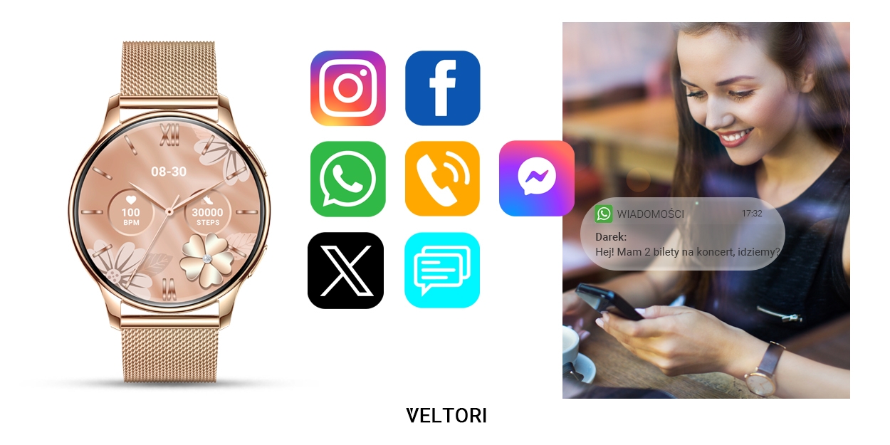 Smartwatch Damski VELTORI VT300-1 Złota Bransoleta - Зображення 19