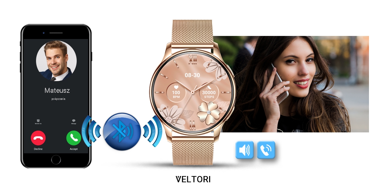 Smartwatch Damski VELTORI VT300-1 Złota Bransoleta - Зображення 23