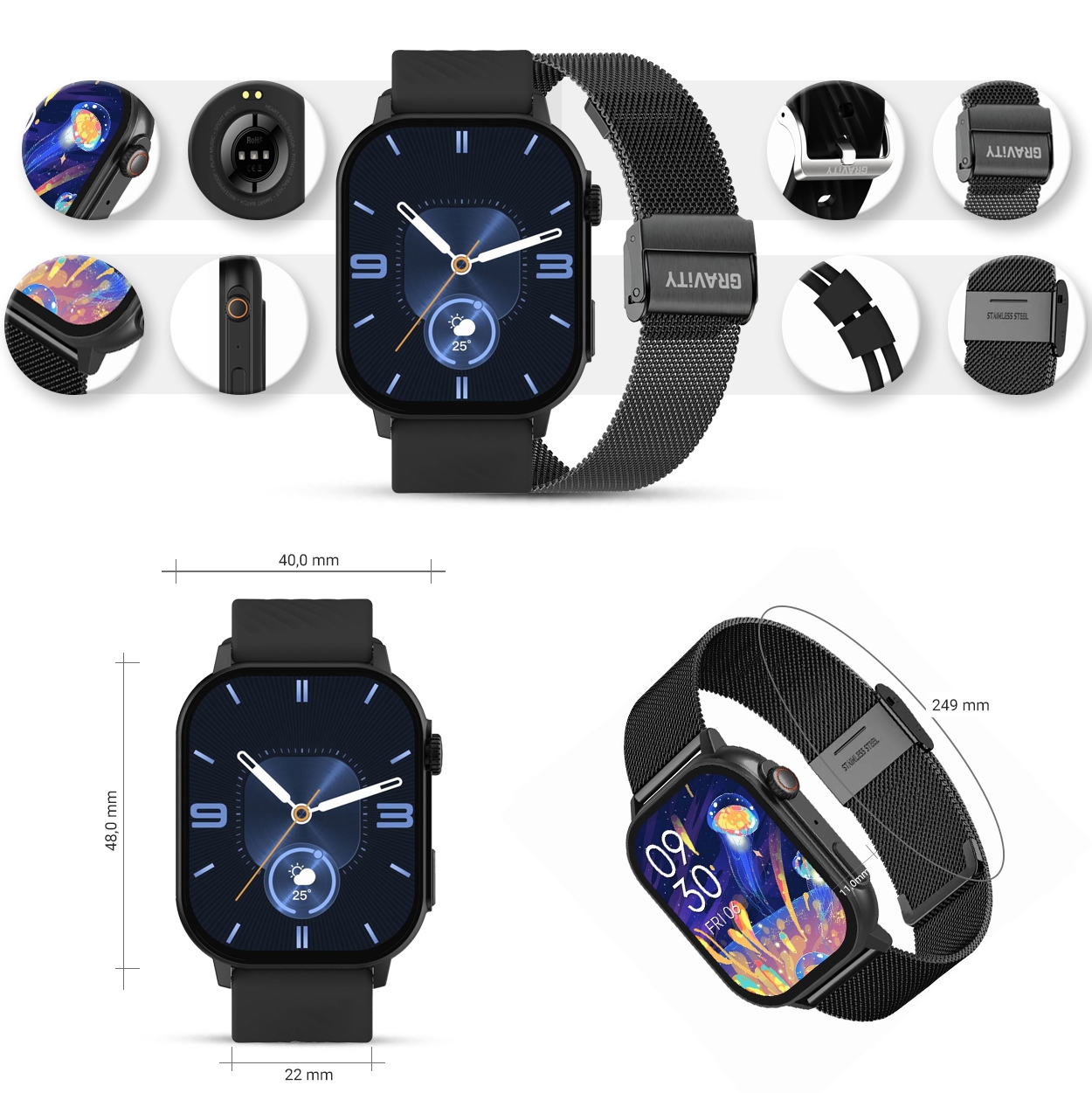 Smartwatch Gravity GT15-1 Czarny Pasek Silikonowy + Czarna Bransoleta - Зображення 11