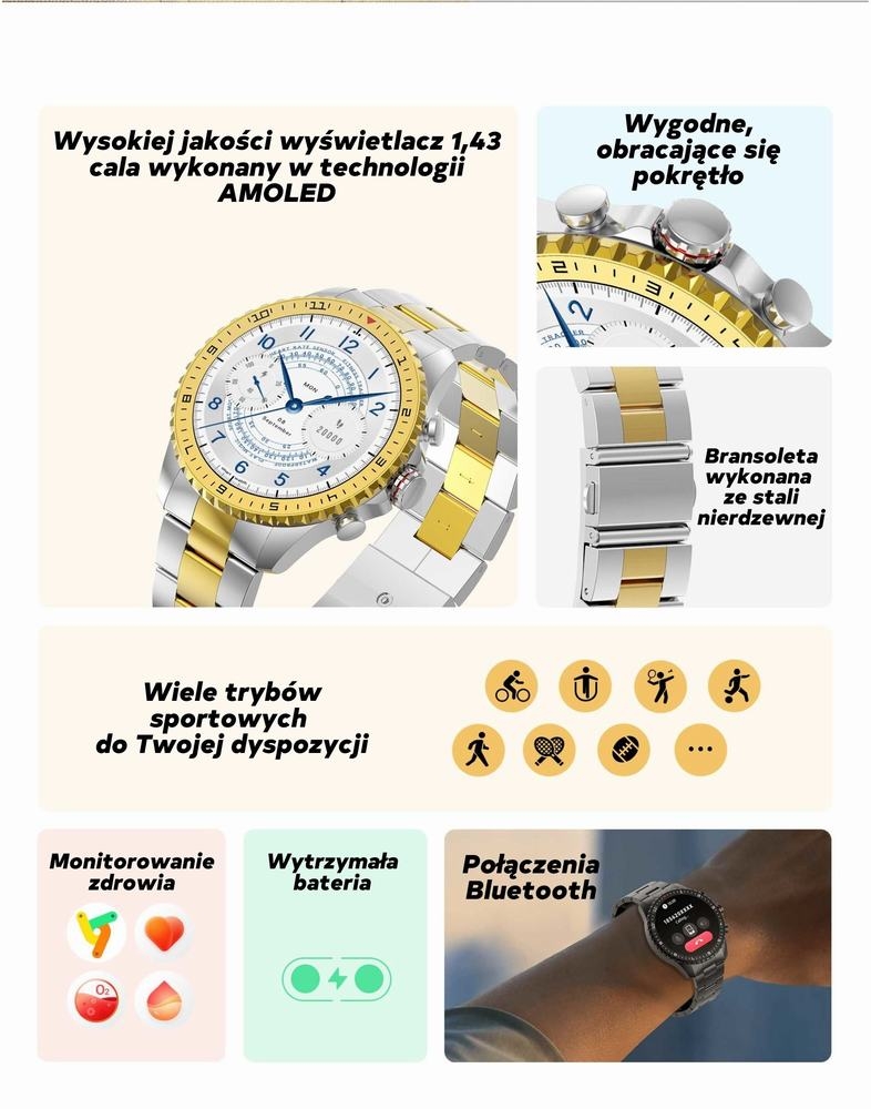 Smartwatch Męski GRAVITY GT16-1 Gold / Złota Bransoleta - obrazek 9