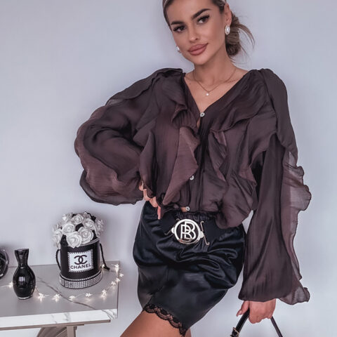 WIZYTOWA BRĄZOWA KOSZULA Z ŻABOTEM