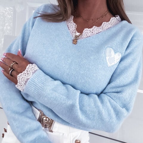 NIEBIESKI SWETER Z DODATKIEM KORONKI HEART