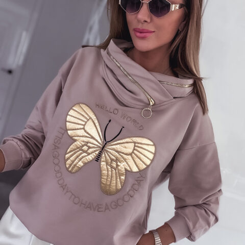BEŻOWA BAWEŁNIANA BLUZA Z KAPTUREM BUTTERFLY